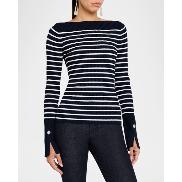 NWT A.L.C. Anya Size XL Ribbed Stripe Boat-Neck Sweater Blouse Top Blue White - Picture 1 of 12